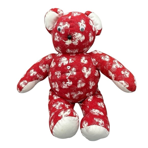 VINTAGE HANDMADE TEDDY BEAR RED WHITE HEART PRINT VALENTINE LOVEY COLLECTIBLE - Picture 6 of 10